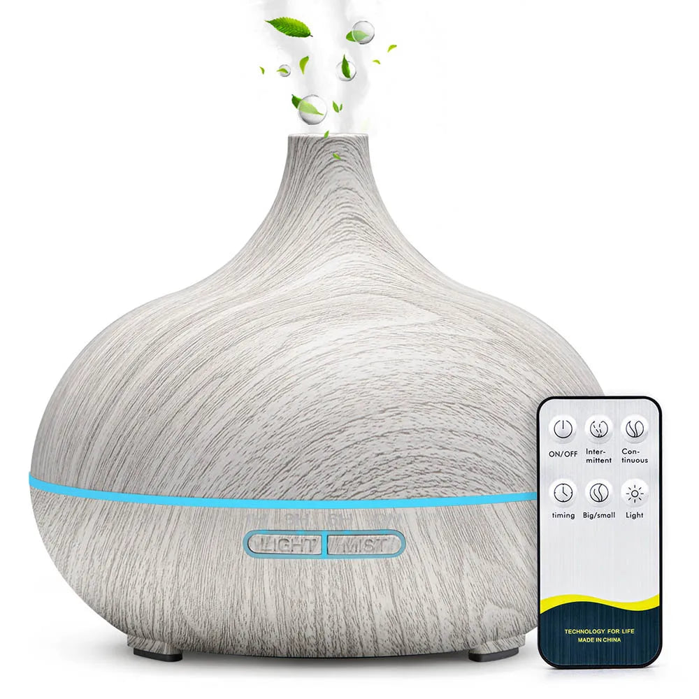 500ml Wood Grain Aromatherapy Diffuser – Remote Control, 7 Colour LED & Ultrasonic Humidifier