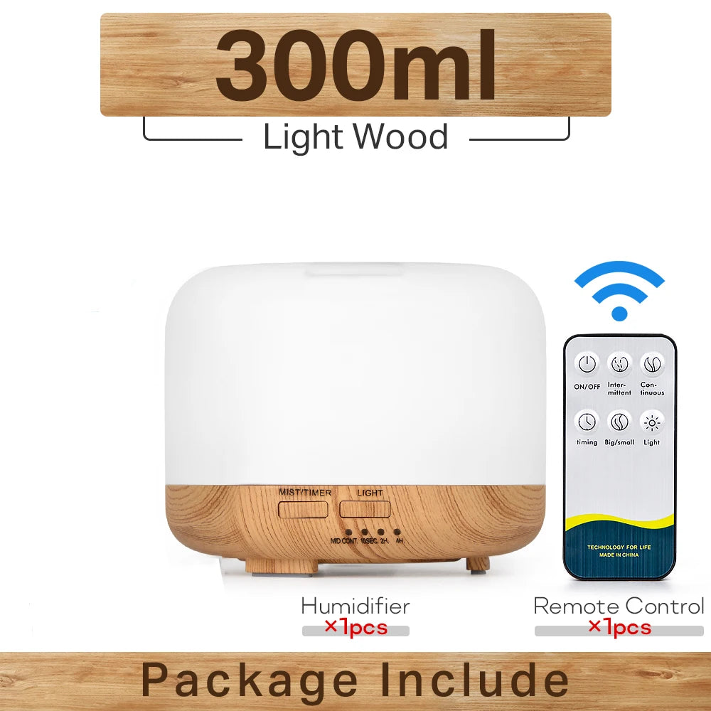 Essential Oil Diffuser & Humidifier – 300ml / 500ml / 1000ml with LED Lights & Remote Control