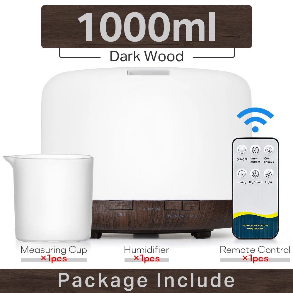 Essential Oil Diffuser & Air Humidifier – 300ml / 500ml / 1000ml with Remote Control & LED Lights