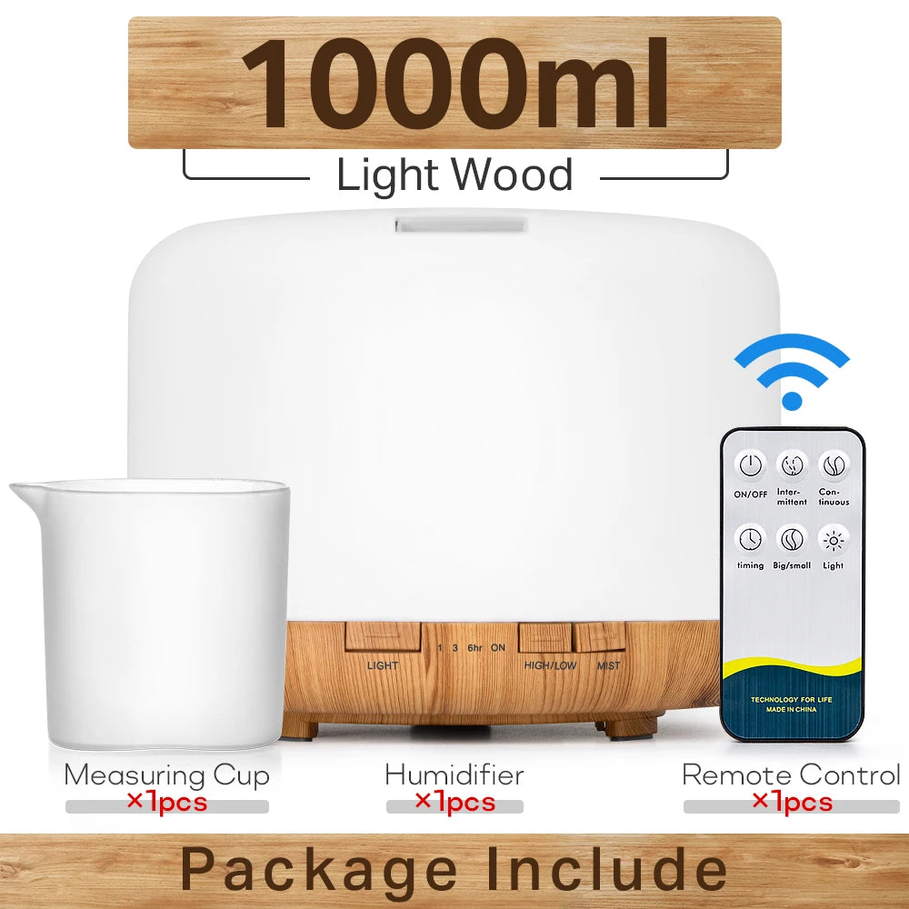 Essential Oil Diffuser & Humidifier – 300ml / 500ml / 1000ml with LED Lights & Remote Control