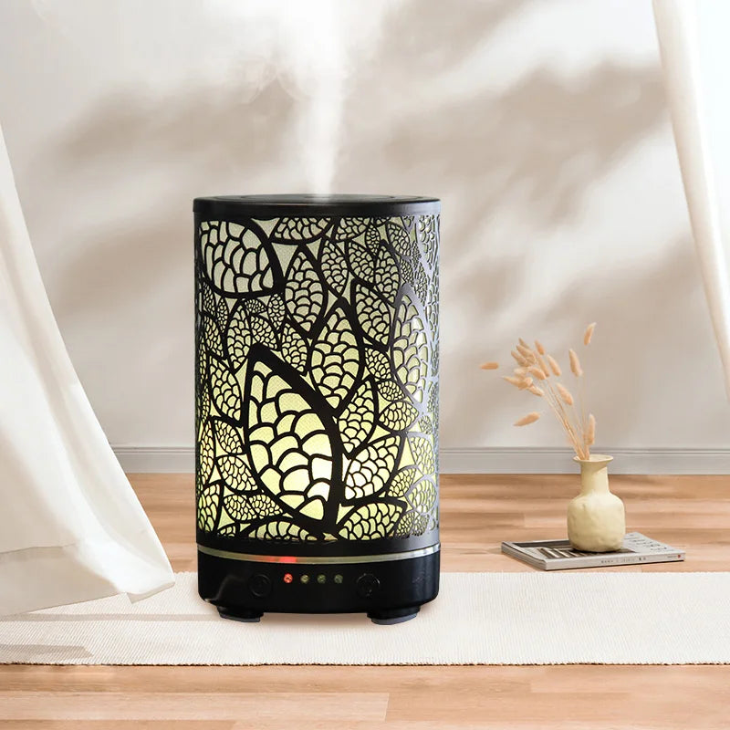 Aroma Diffuser Iron Hollow Leaves Ultrasonic Air Humidifier Desktop Humidifier Smart Home Appliances Room Decor with Led Light