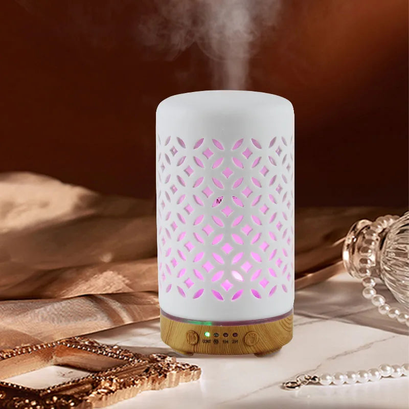 Ceramic Ultrasonic Aroma Diffuser – Timer, LED Lights & Desktop Essential Oil Humidifier