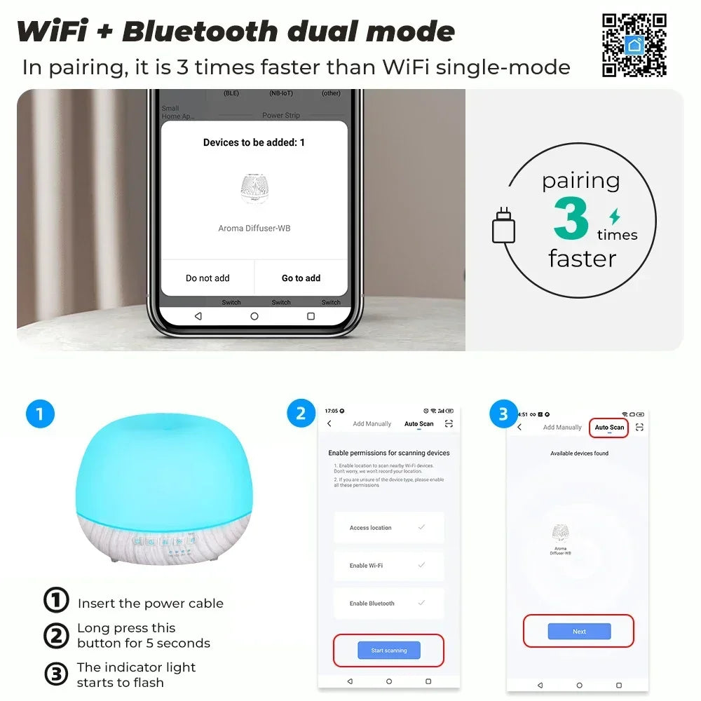 Smart WiFi 500ml Aromatherapy Diffuser – Tuya App, Alexa & Google Home, 7 LED Colours