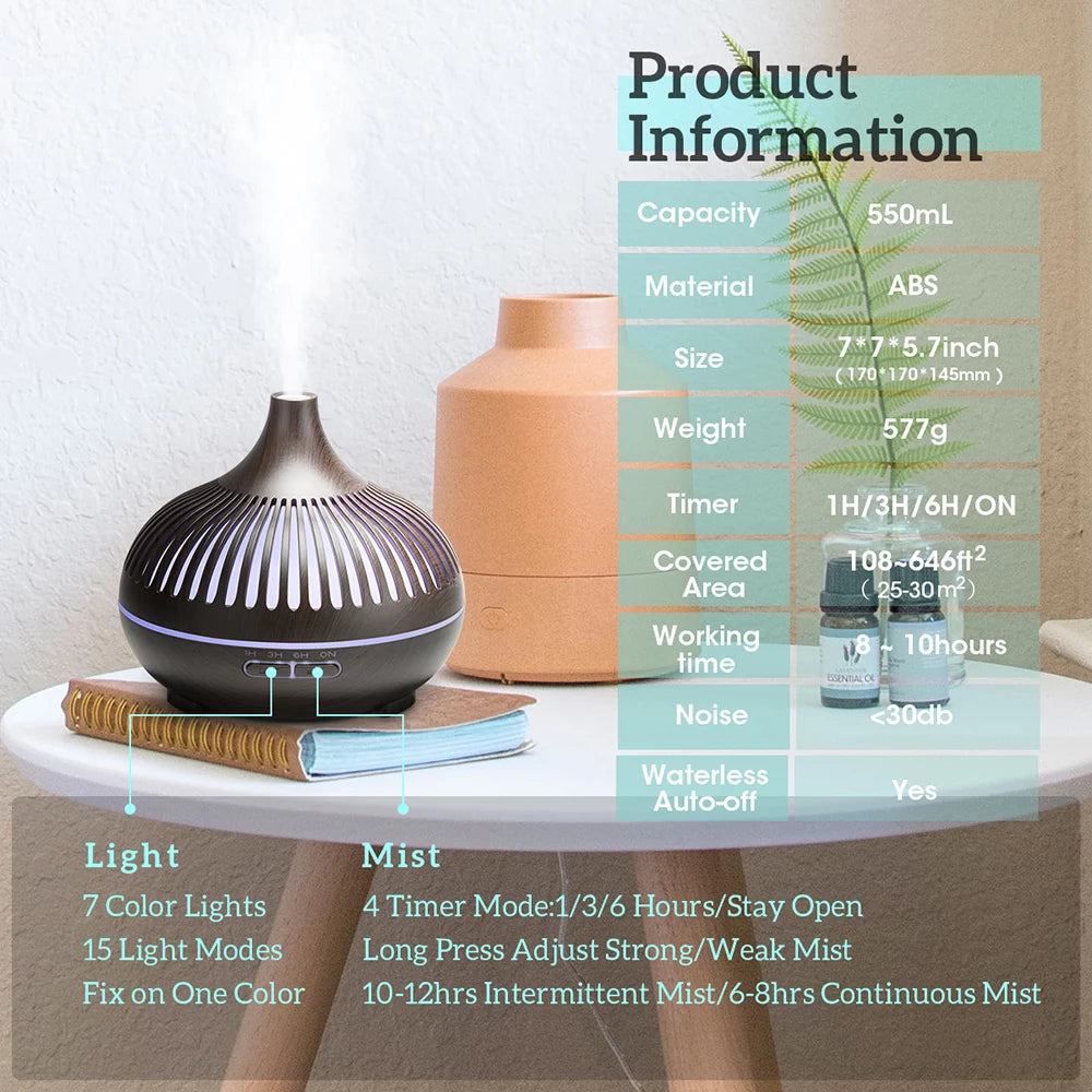 500ml Wood Grain Aromatherapy Diffuser – Remote Control, 7 Colour LED & Ultrasonic Humidifier
