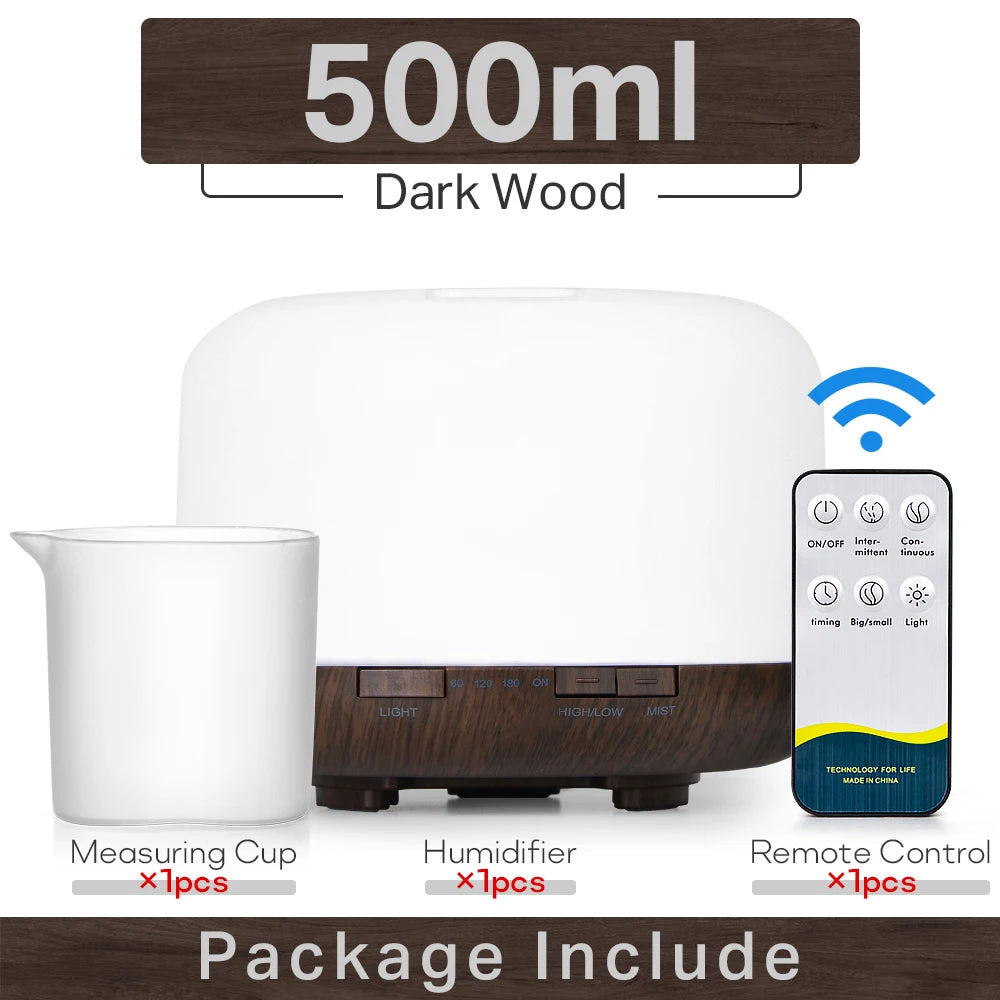 Essential Oil Diffuser & Humidifier – 300ml / 500ml / 1000ml with LED Lights & Remote Control