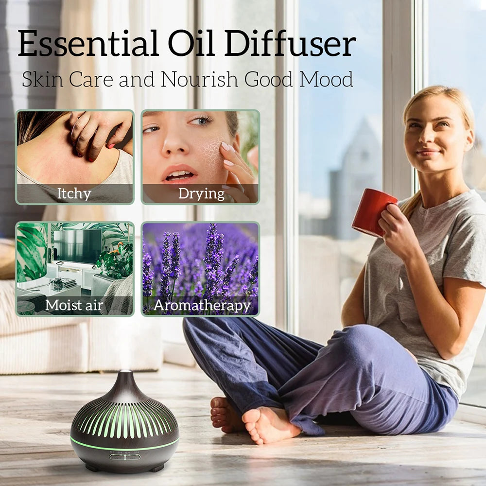 500ml Wood Grain Aromatherapy Diffuser – Remote Control & 7 Colour LED Ultrasonic Humidifier