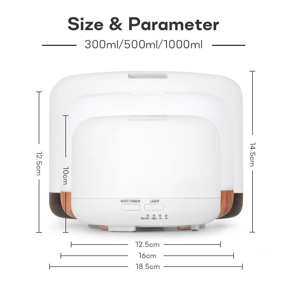 Essential Oil Diffuser & Air Humidifier – 300ml / 500ml / 1000ml with Remote Control & LED Lights