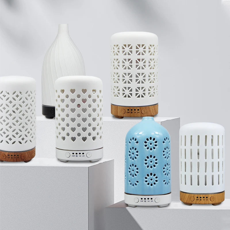 Ceramic Ultrasonic Aroma Diffuser – Timer, LED Lights & Desktop Essential Oil Humidifier