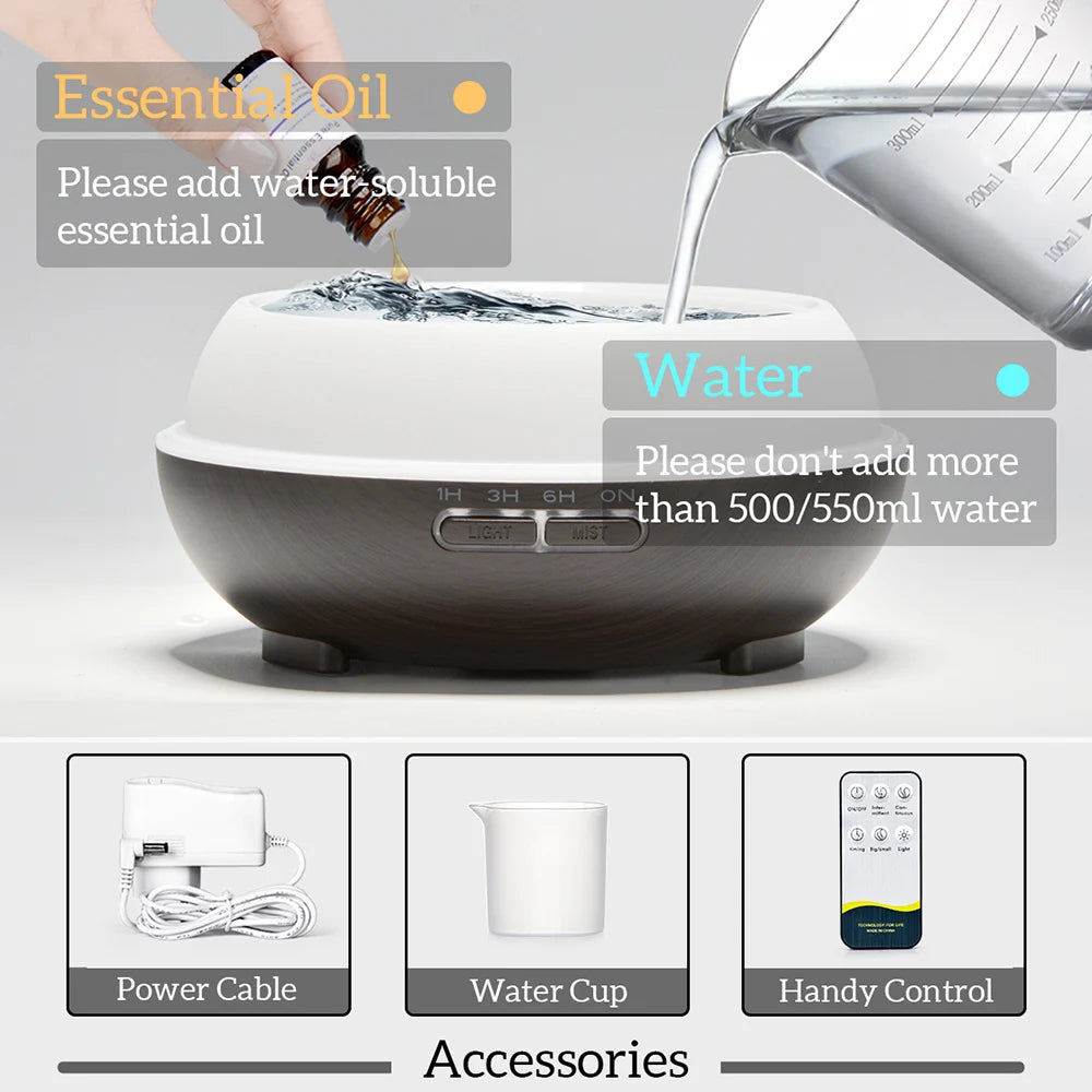 500ml Wood Grain Aromatherapy Diffuser – Remote Control, 7 Colour LED & Ultrasonic Humidifier