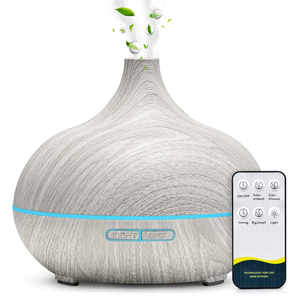 500ml Wood Grain Aromatherapy Diffuser – Remote Control & 7 Colour LED Ultrasonic Humidifier