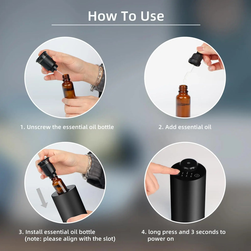 Waterless Cordless Essential Oil Diffuser – Battery Operated, 3 Mist Levels, Car & Home Use