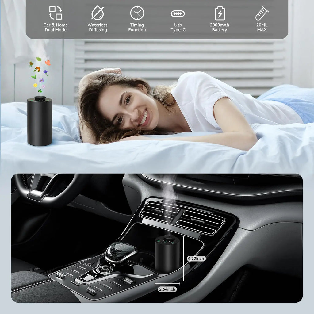 Waterless Cordless Essential Oil Diffuser – Battery Operated, 3 Mist Levels for Car & Home