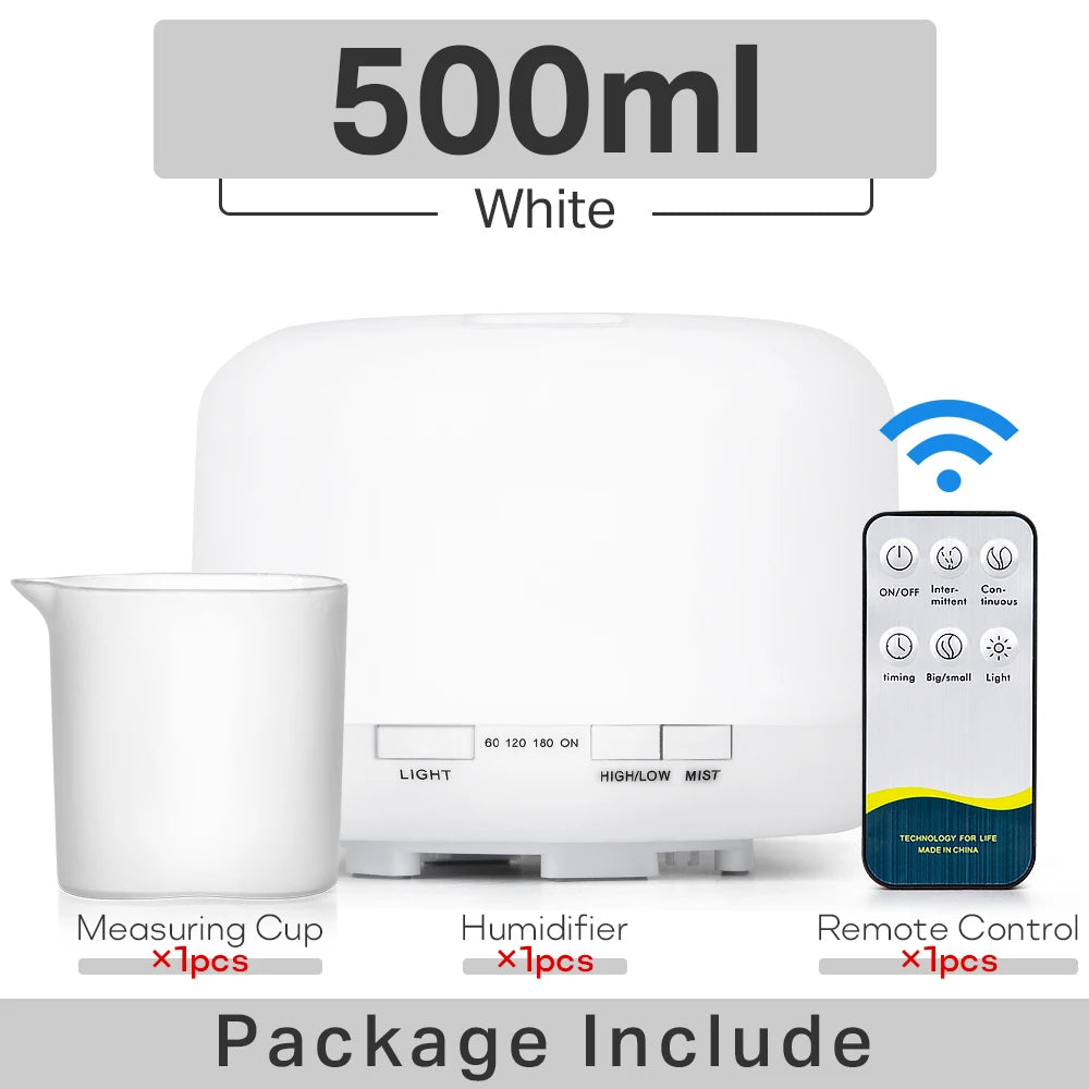 Essential Oil Diffuser & Air Humidifier – 300ml / 500ml / 1000ml with Remote Control & LED Lights