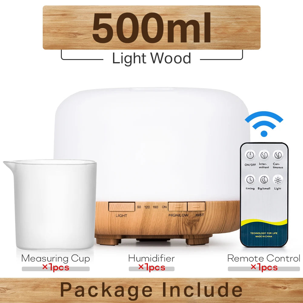 Essential Oil Diffuser & Air Humidifier – 300ml / 500ml / 1000ml with Remote Control & LED Lights