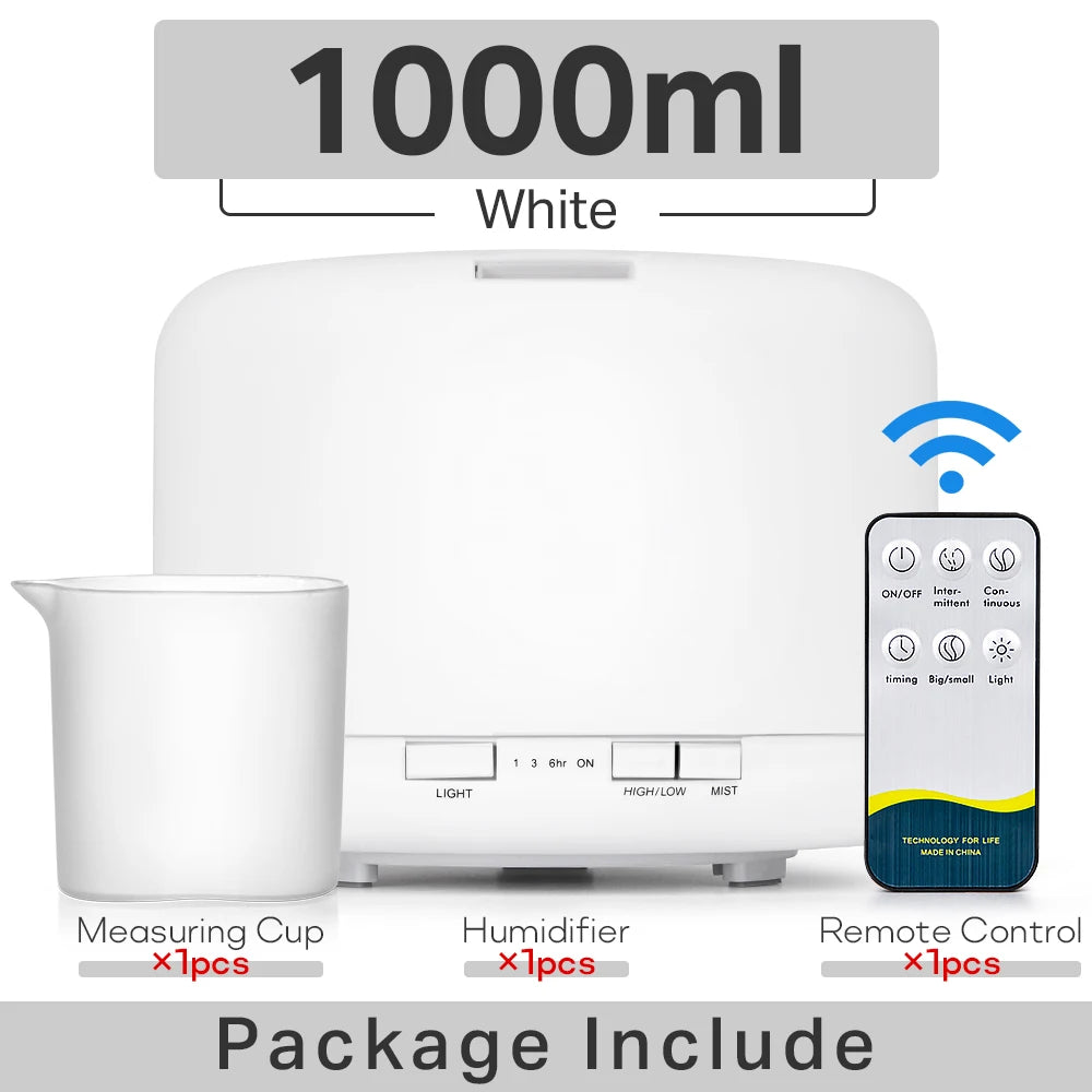 Essential Oil Diffuser & Air Humidifier – 300ml / 500ml / 1000ml with Remote Control & LED Lights