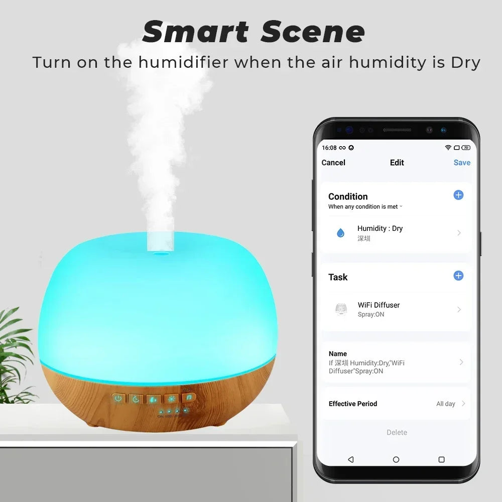 Smart WiFi 500ml Aromatherapy Diffuser – Tuya App, Alexa & Google Home, 7 LED Colours