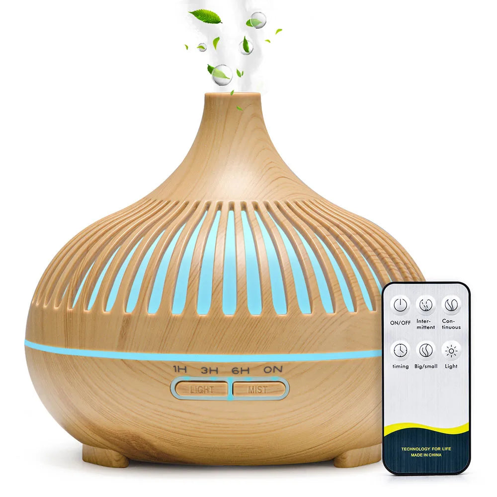 500ml Wood Grain Aromatherapy Diffuser – Remote Control & 7 Colour LED Ultrasonic Humidifier