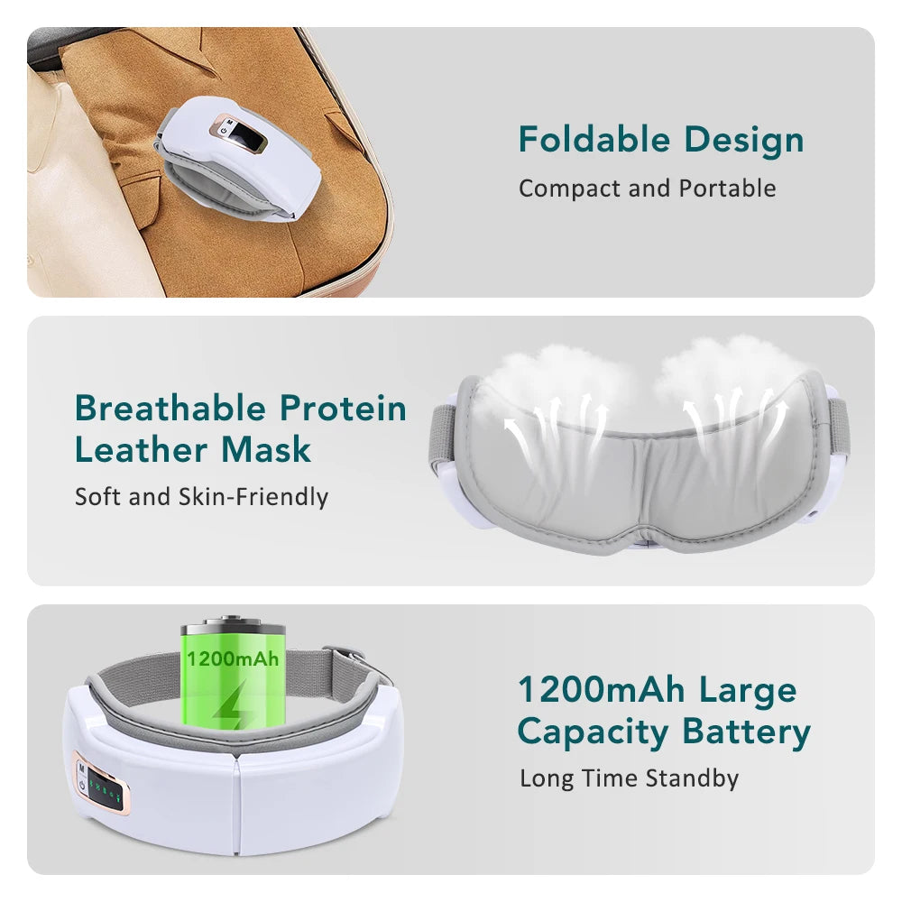 Foldable Eye Massager – Air Pressure, Heat Compress & Bluetooth Music for Eye Relief