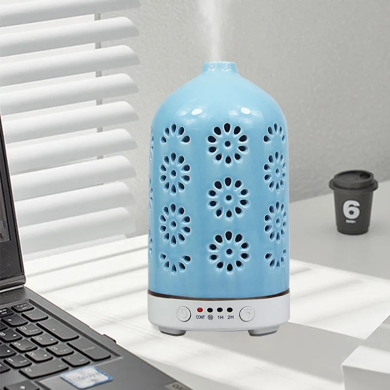 Ceramic Ultrasonic Aroma Diffuser – Timer, LED Lights & Desktop Essential Oil Humidifier