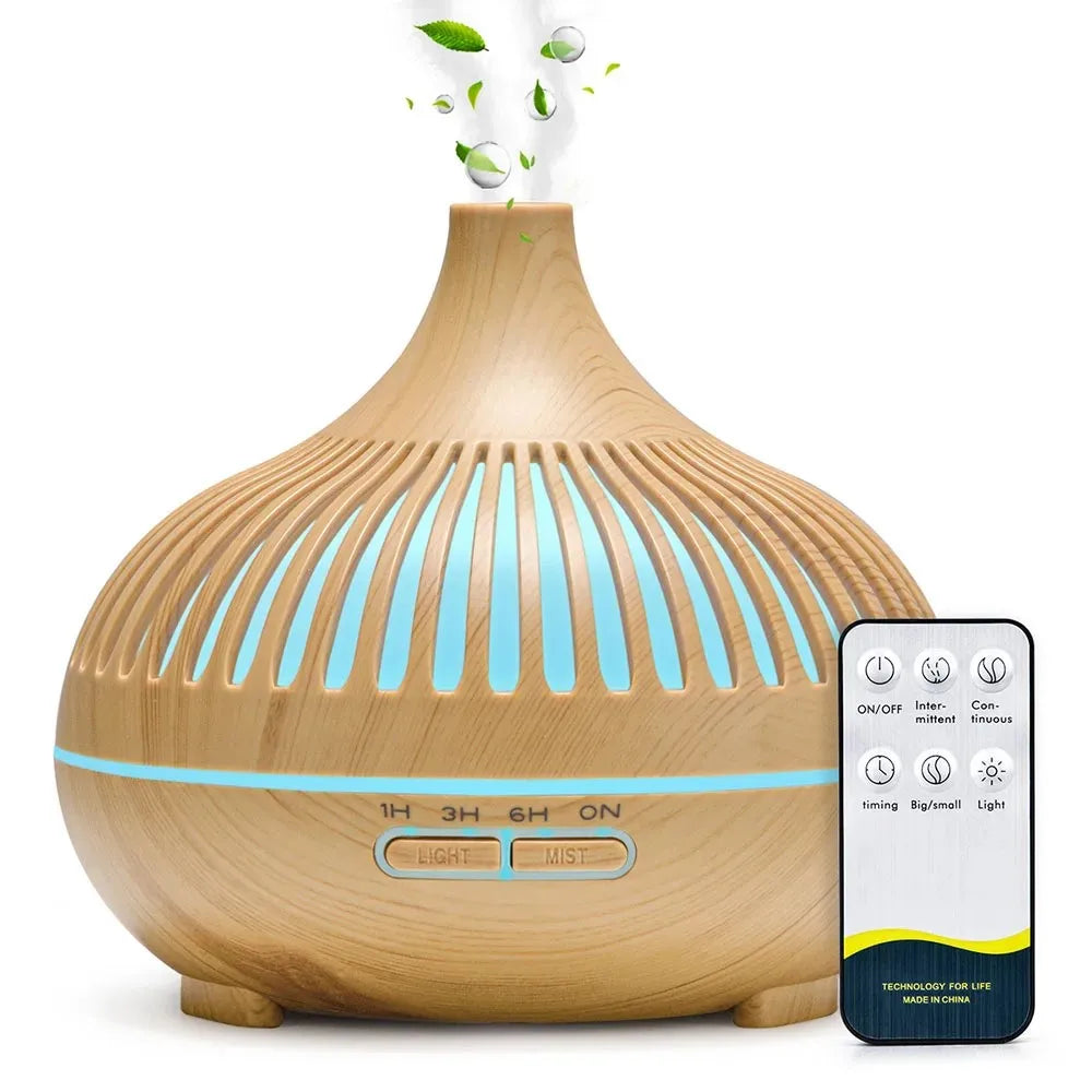 500ml Wood Grain Aromatherapy Diffuser – Remote Control & 7 Colour LED Ultrasonic Humidifier